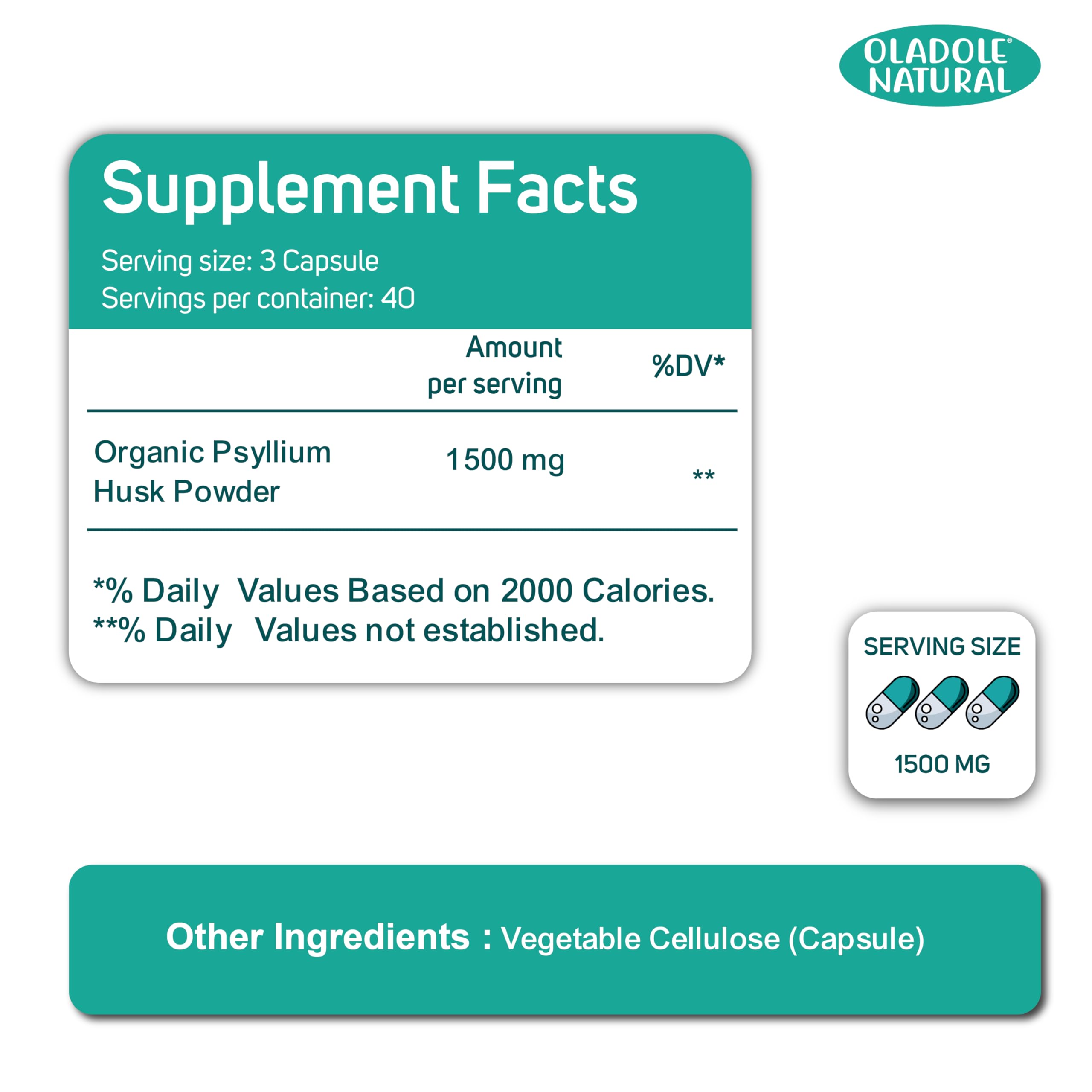 Oladole Natural organic psyllium husk capsules UAE supplement facts 1500 mg per 3 capsule serving