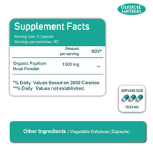 Psyllium husk supplement facts panel showing serving size 3 capsules and 1500 mg
