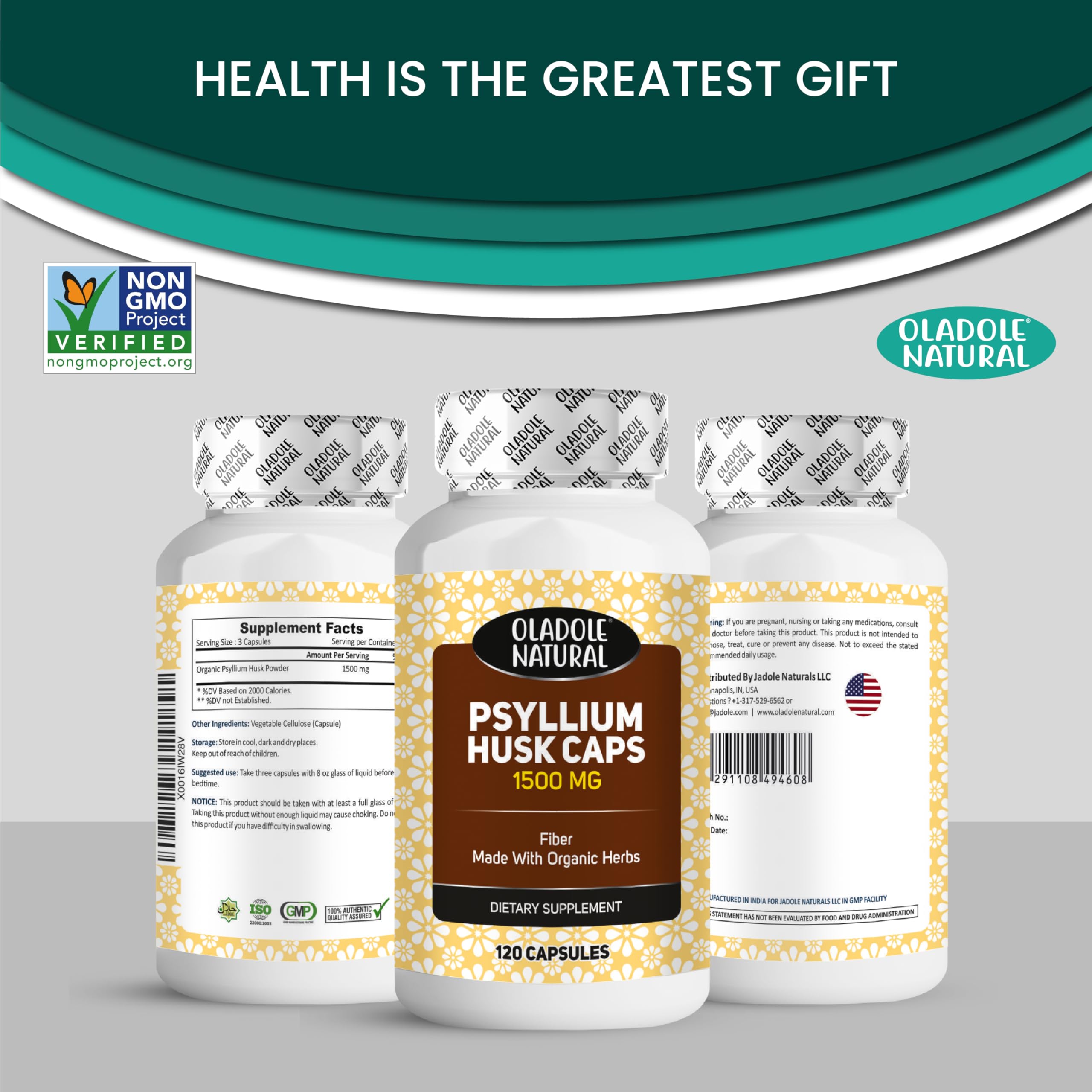 Oladole Natural psyllium husk capsules UAE bottle trio 1500 mg fiber supplement 120 capsules label