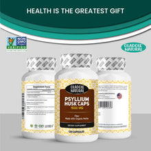 Three psyllium husk supplement bottles showing back labels, Supplement Facts, and barcodes
