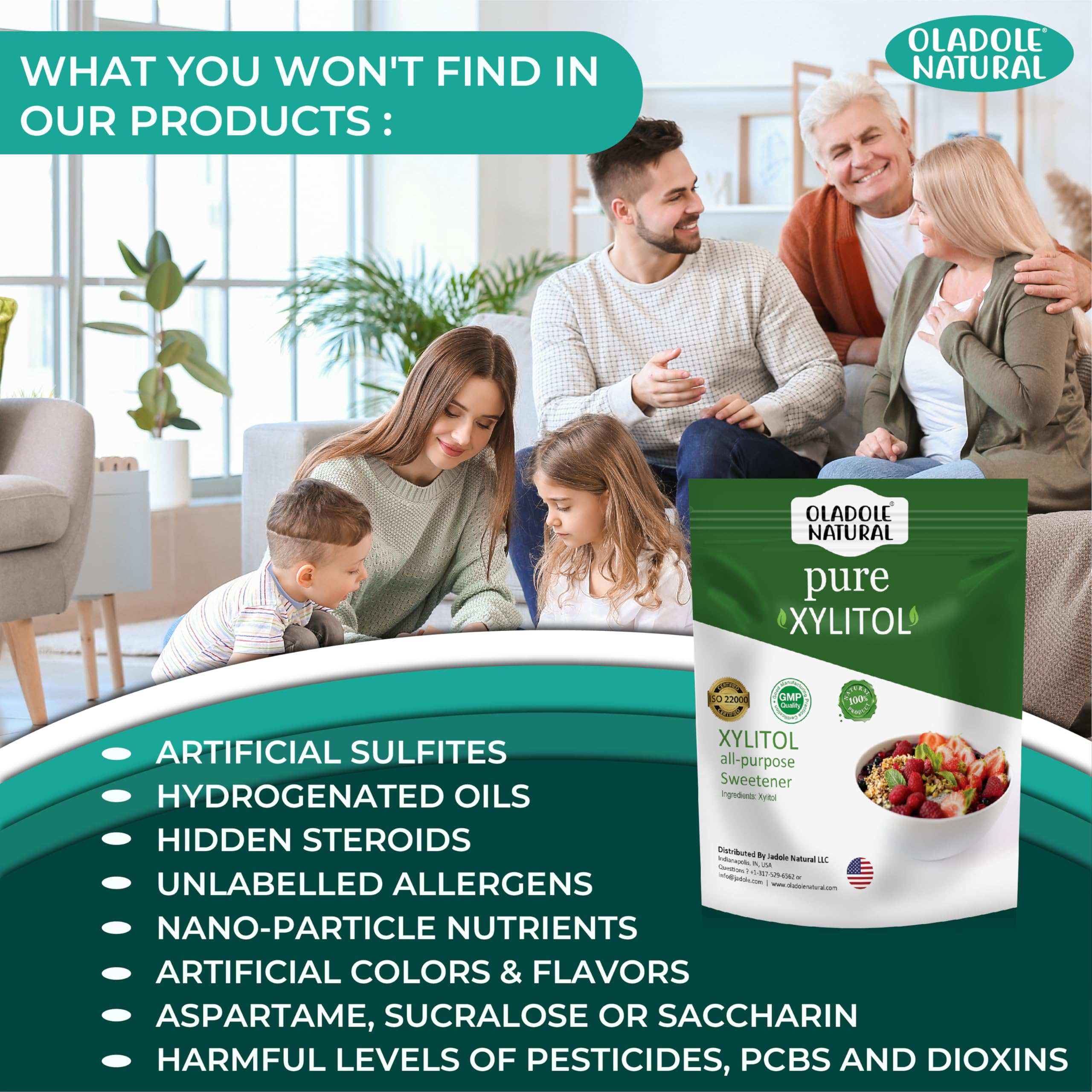 Oladole Natural pure xylitol sweetener UAE pouch displayed with happy family and ingredient claims
