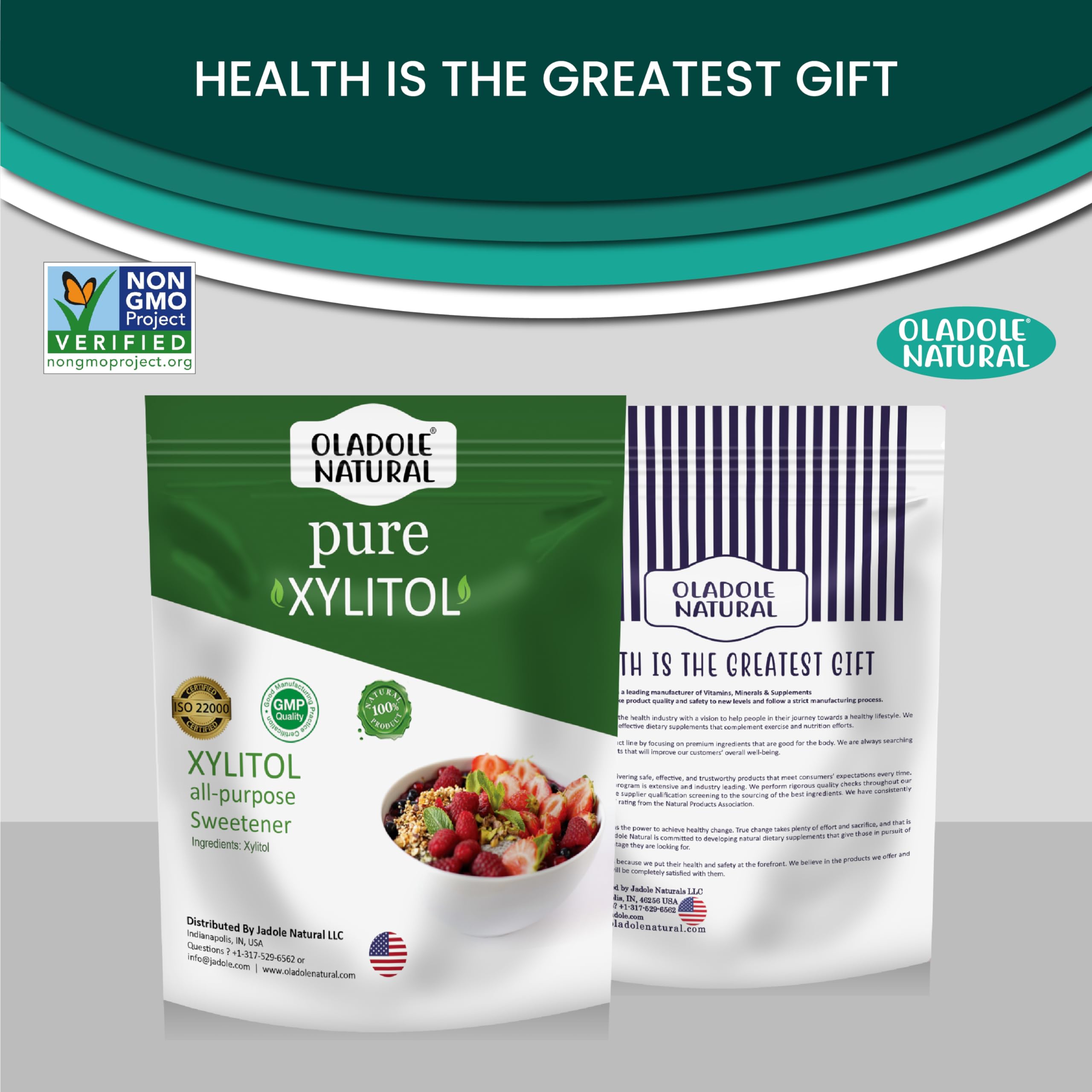 Oladole Natural pure xylitol sweetener UAE resealable green white pouch with bowl of fresh fruit and labels
