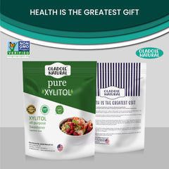 Oladole Natural pure xylitol sweetener UAE resealable green white pouch with bowl of fresh fruit and labels