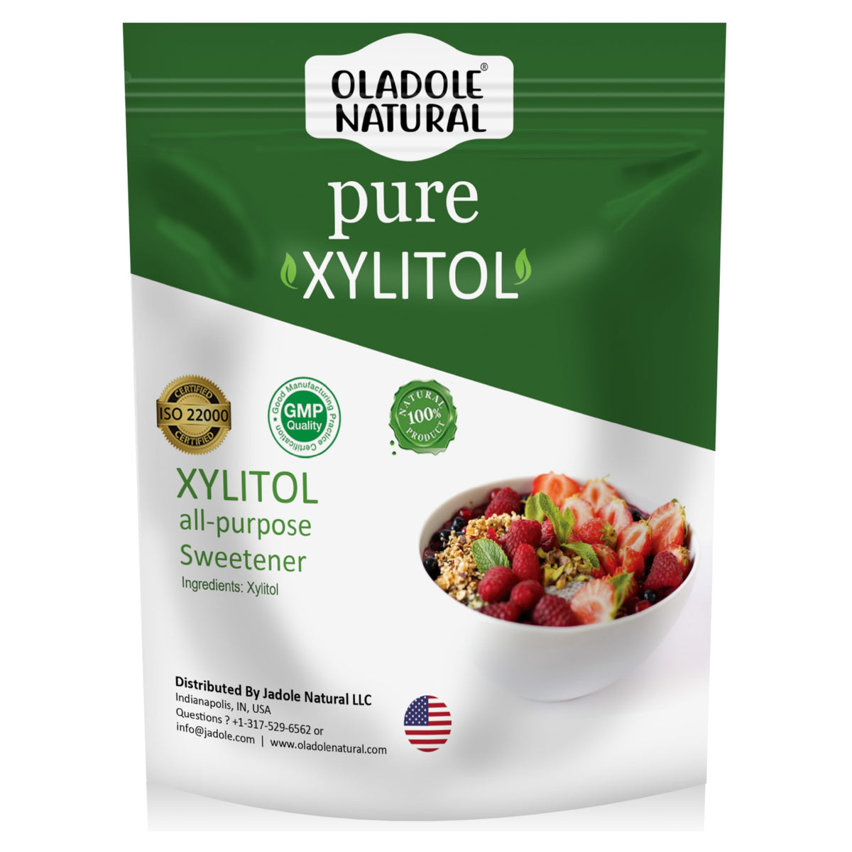Oladole Natural pure xylitol sweetener UAE pouch packaging all purpose sugar substitute next to bowl of berries