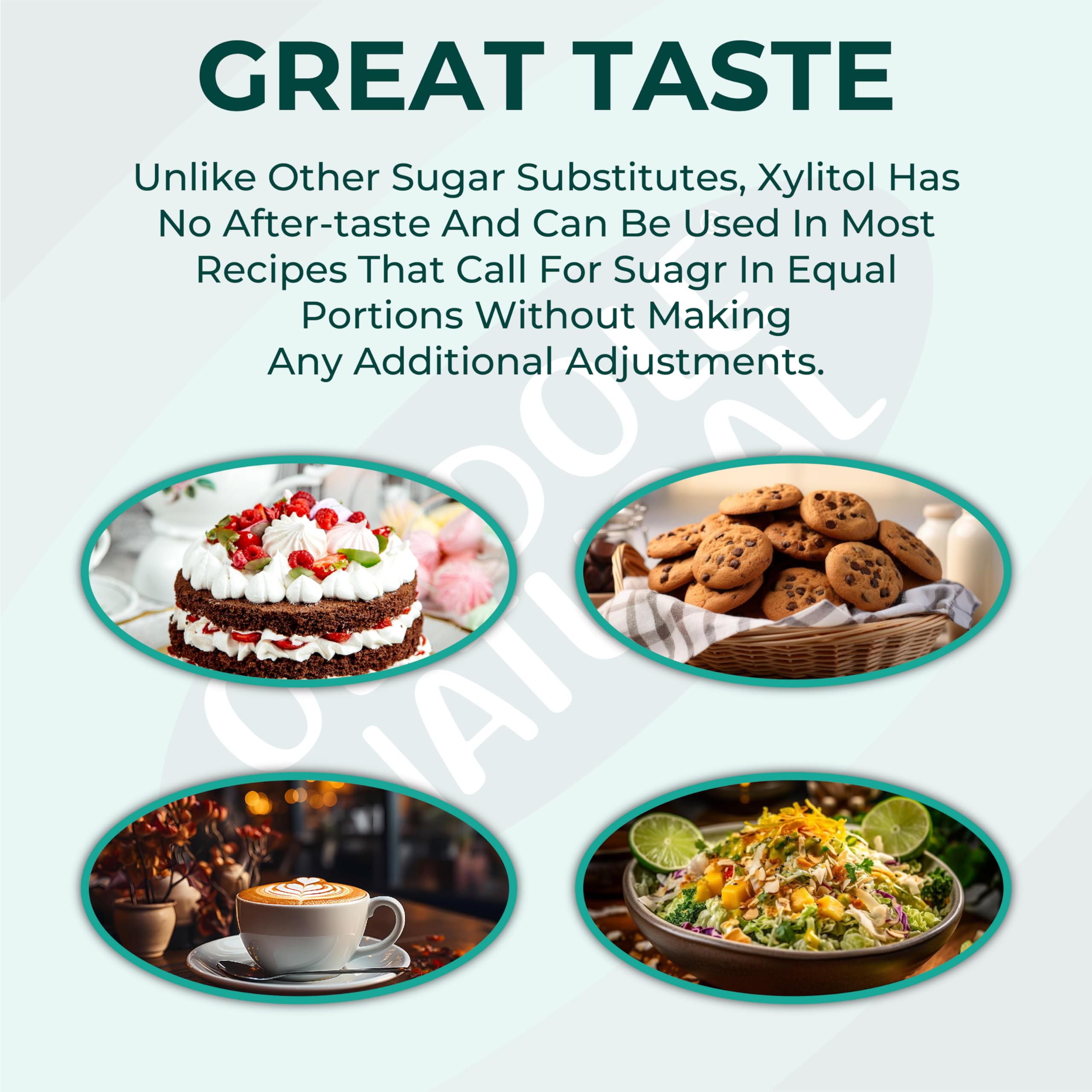 Oladole Natural pure xylitol sweetener UAE shown with cake cookies coffee and salad to illustrate baking and cooking use