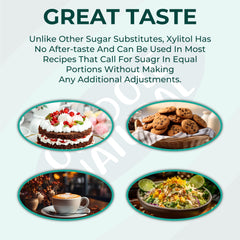 Oladole Natural pure xylitol sweetener UAE shown with cake cookies coffee and salad to illustrate baking and cooking use