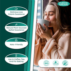 Oladole Natural sugar substitute showing benefits and woman sipping coffee pure xylitol sweetener UAE