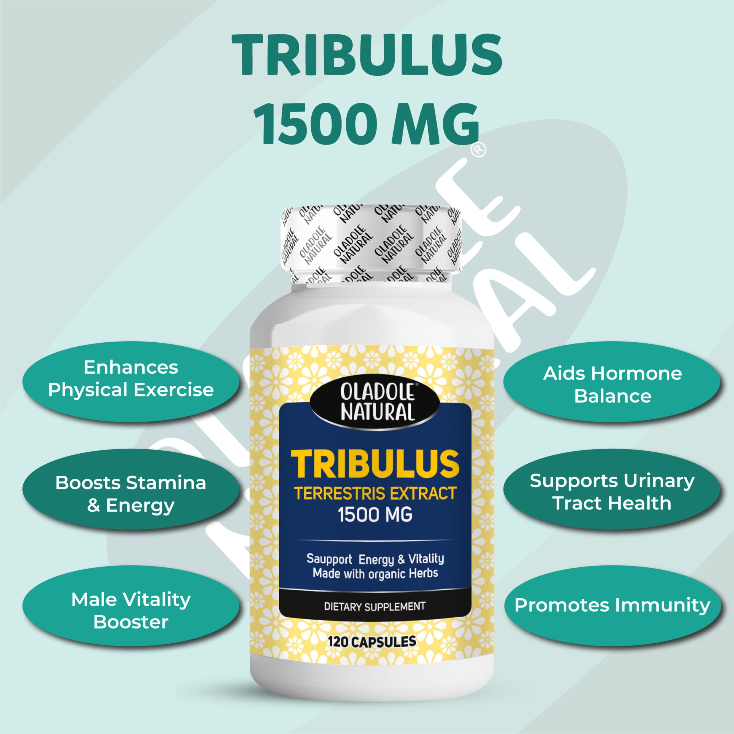 Oladole Natural Tribulus Terrestris supplement UAE 1500 mg bottle with benefits callouts 120 capsules