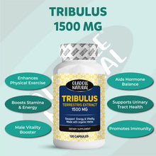 Tribulus 1500 mg supplement bottle with teal benefit bubbles and 120 capsules