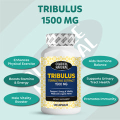 Oladole Natural Tribulus Terrestris supplement UAE 1500 mg bottle with benefits callouts 120 capsules