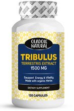 Tribulus 1500 mg supplement bottle with white cap and black label, 120 capsules