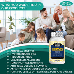 Oladole Natural Tribulus Terrestris supplement UAE 1500 mg bottle with family scene and no artificial additives listed
