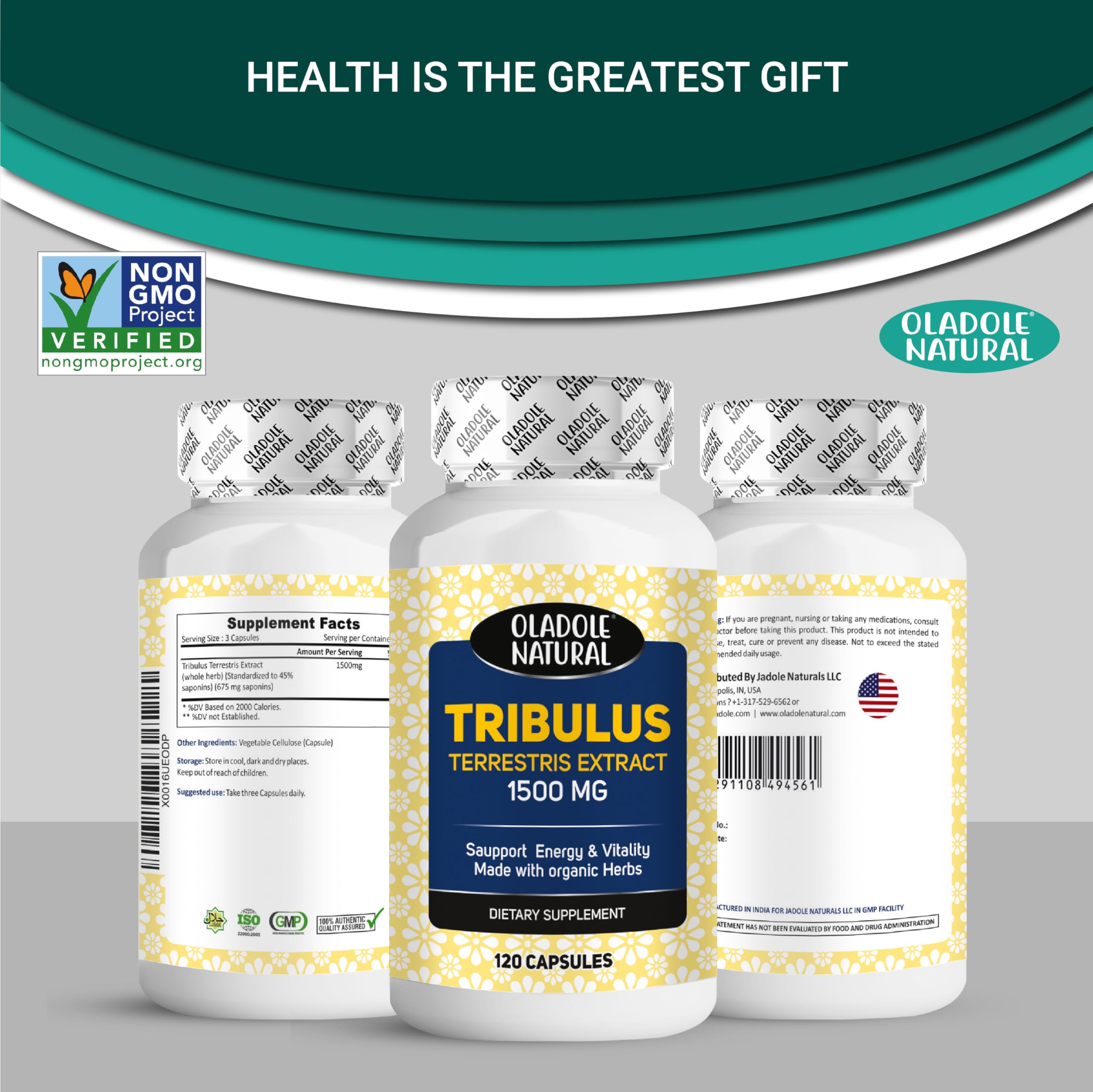 Oladole Natural three bottle display of Tribulus Terrestris supplement UAE 1500 mg 120 capsules Non GMO Project Verified