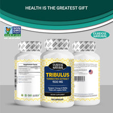 Three Tribulus 1500 mg supplement bottles with 120 capsules labels and white caps