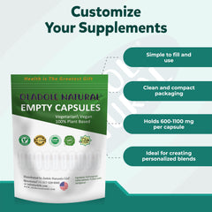 Oladole Natural packaging bag of vegan empty capsules size 00 showing product features