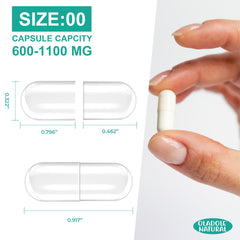 Oladole Natural vegan empty capsules size 00 clear white capsules with dimensions and 600 to 1100 mg capacity held between fingers