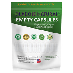 Oladole Natural pouch of vegan empty capsules size 00 showing translucent plant based capsules on green white packaging