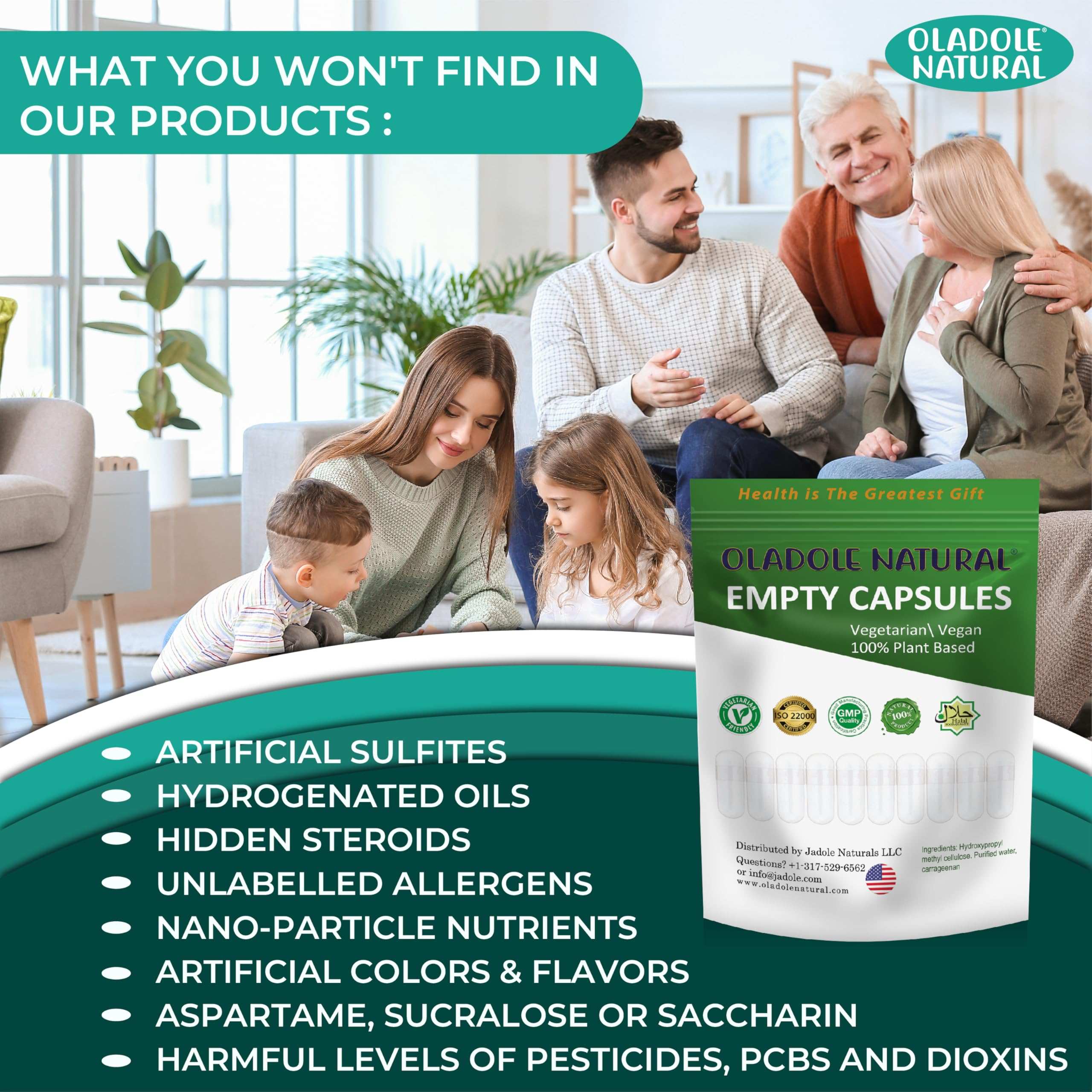 Oladole Natural vegan empty capsules size 00 pouch displayed with a smiling family in a bright living room