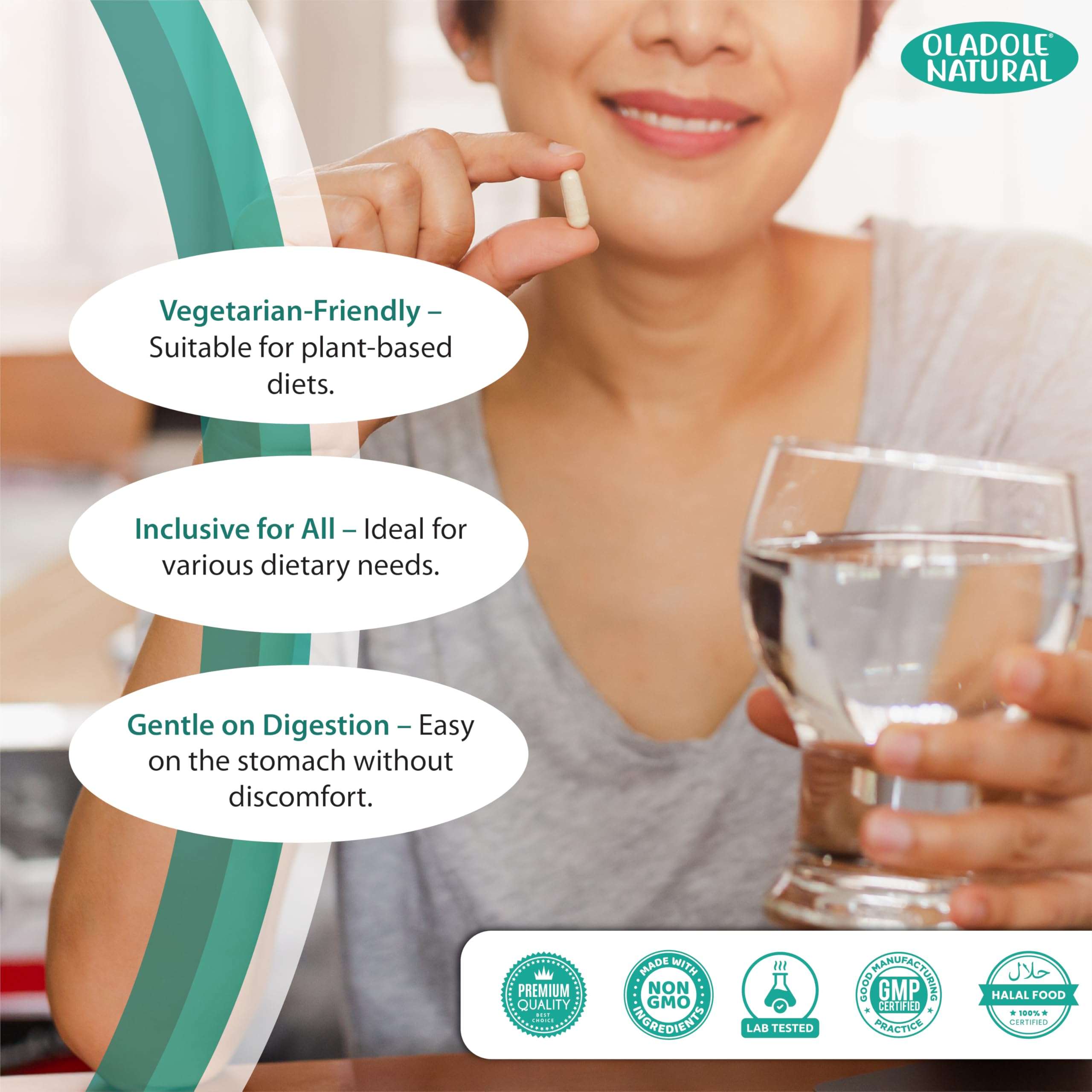 Oladole Natural woman holding a capsule and glass of water with icons highlighting benefits vegan empty capsules size 00