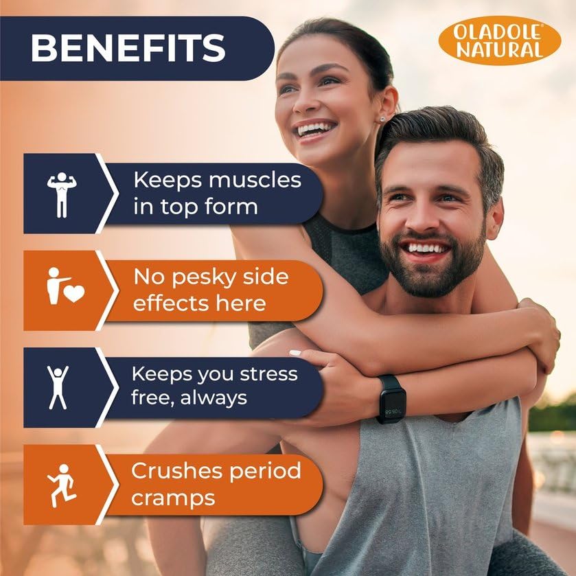Happy couple with benefits list muscle support stress relief cramp relief Oladole Natural Magnesium Glycinate supplement