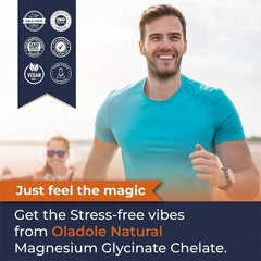 Active man jogging smiling outdoors with product badges and Oladole Natural Magnesium Glycinate supplement promotion