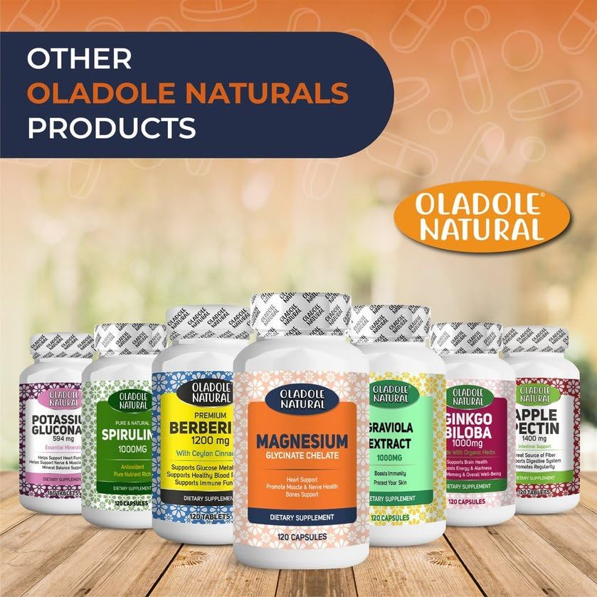 Oladole Natural Magnesium Glycinate supplement bottle centered among other Oladole Natural supplements on wooden surface