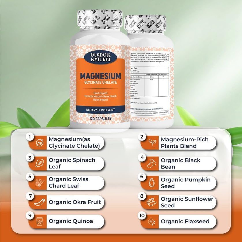 Oladole Natural Magnesium Glycinate supplement bottle front and back with orange label 120 capsules organic ingredients