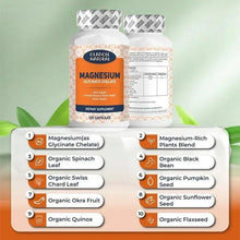 Magnesium Glycinate Chelate supplement bottle with organic ingredient callouts