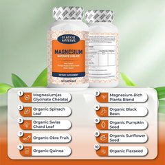 Oladole Natural Magnesium Glycinate supplement bottle front and back with orange label 120 capsules organic ingredients