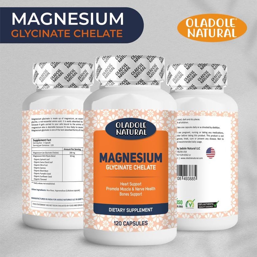 Three bottles of Oladole Natural Magnesium Glycinate supplement 120 capsules dietary magnesium glycinate chelate