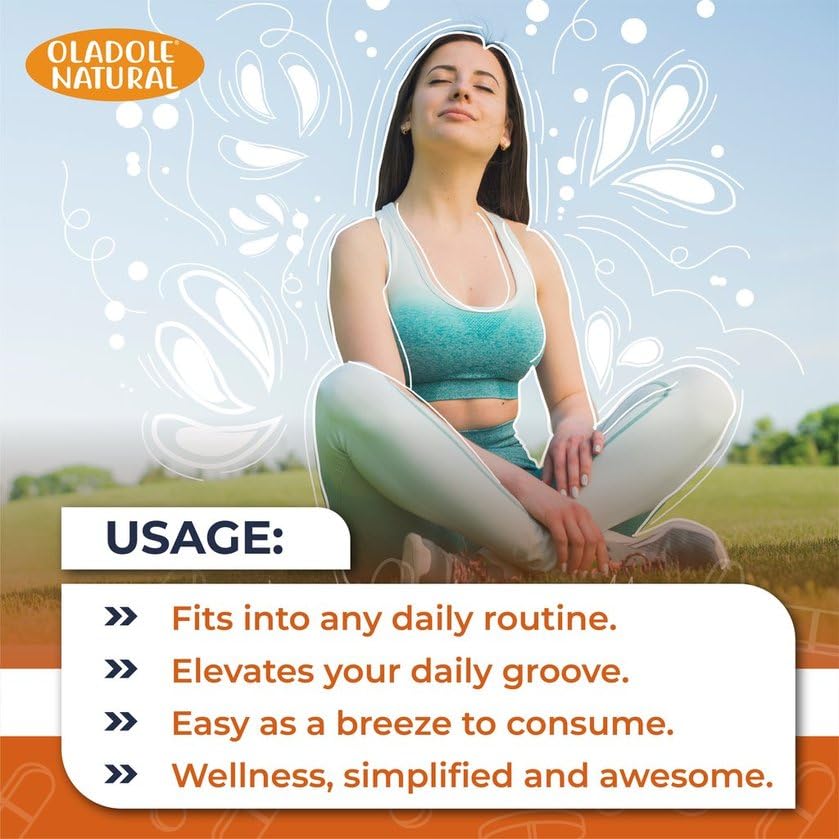 Woman meditating outdoors with usage tips and Oladole Natural Magnesium Glycinate supplement branding