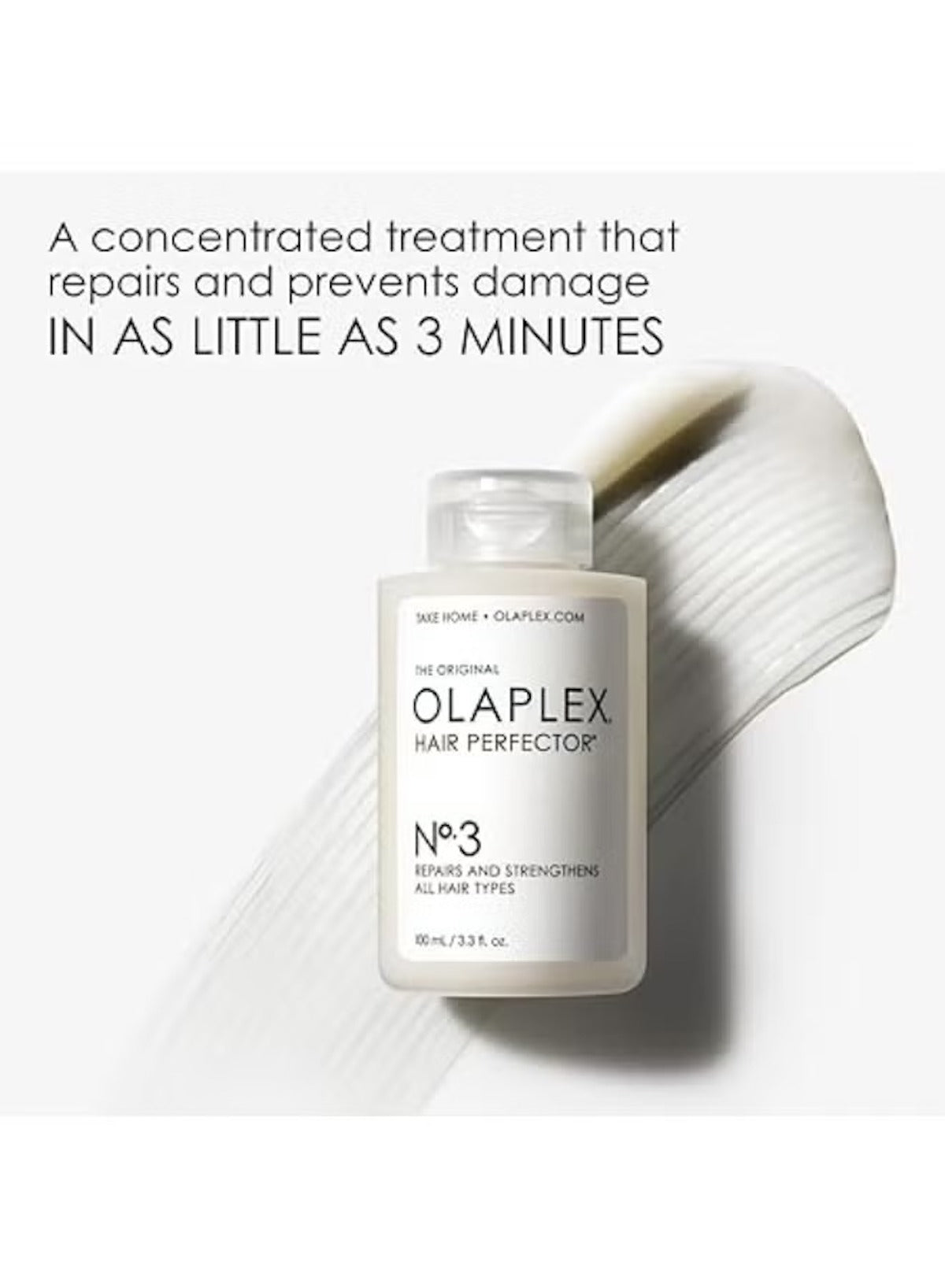Olaplex No. 3 Hair Perfector in a white bottle with a cream background for hair repair and strengthening