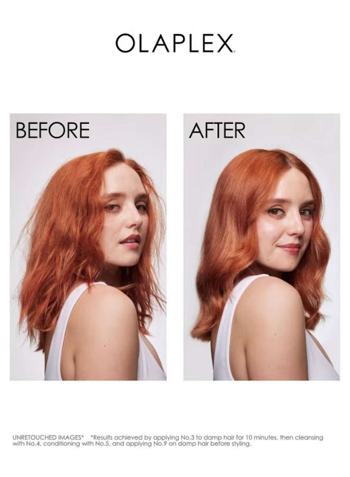 Before and after results of using Olaplex No. 3 Hair Perfector on damaged hair for enhanced shine and smoothness