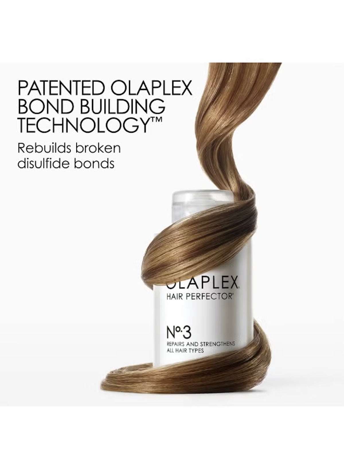 Olaplex No. 3 Hair Perfector in a sleek bottle with hair strands showcasing bond repair benefits