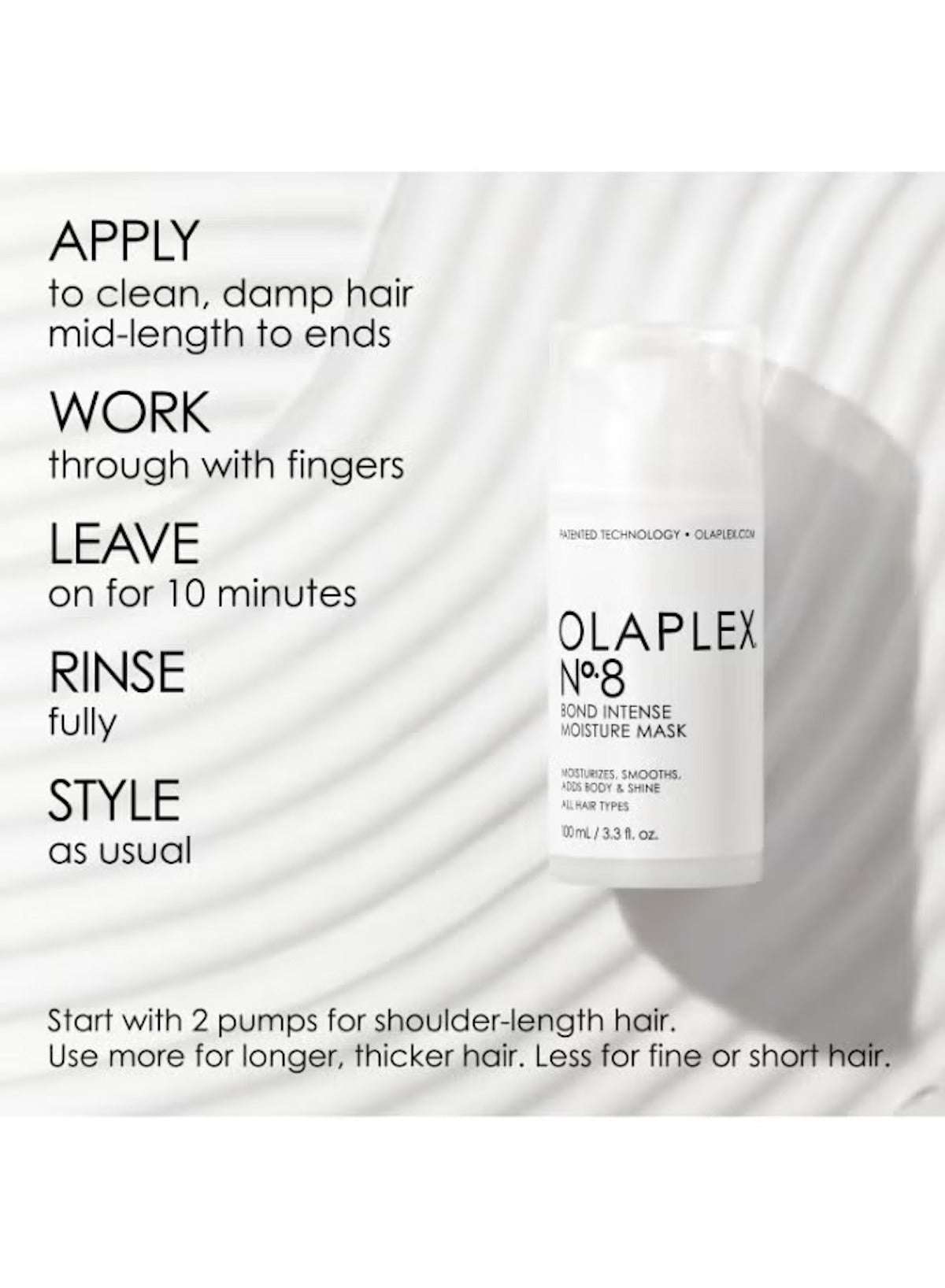 Olaplex No. 8 Bond Intense Moisture Mask bottle with application instructions and usage tips for hair care