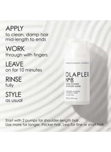 Olaplex No. 8 moisture mask usage steps card with bottle on right
