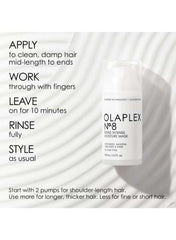 Olaplex No. 8 Bond Intense Moisture Mask bottle with application instructions and usage tips for hair care
