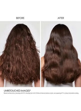 Hair before-and-after comparison showing smoother, shinier dark waves