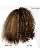 Curly hair before-and-after split image showing denser curls after treatment