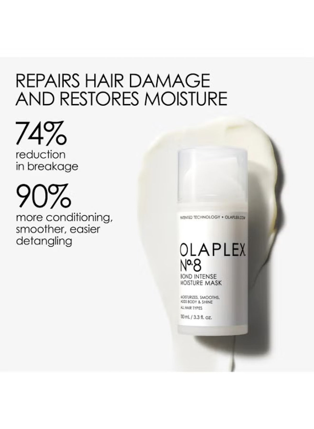 Olaplex No. 8 Bond Intense Moisture Mask in White Bottle, Hydrates and Repairs Hair Damage