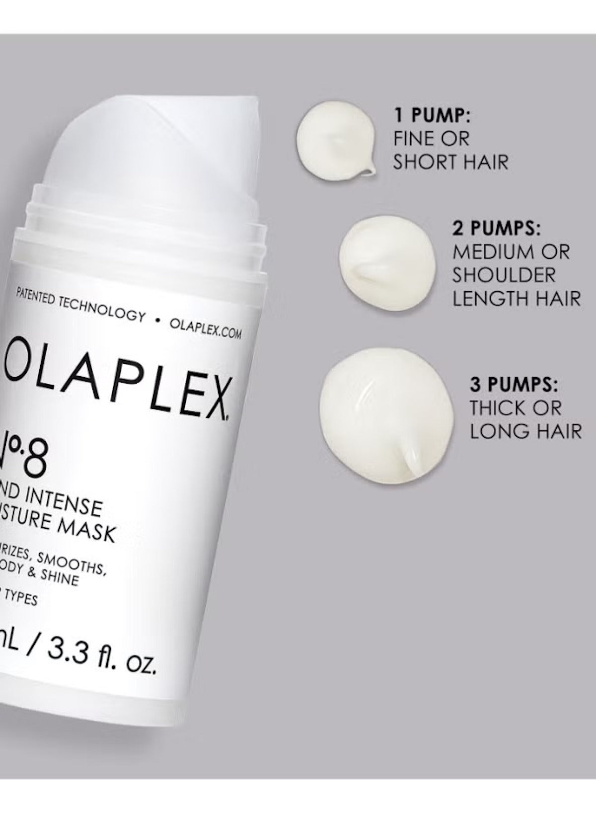 Olaplex No. 8 Bond Intense Moisture Mask with dosage guide for different hair types and textures