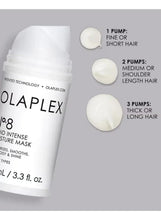 Olaplex No. 8 mask bottle with pump guide for short, medium, or thick hair