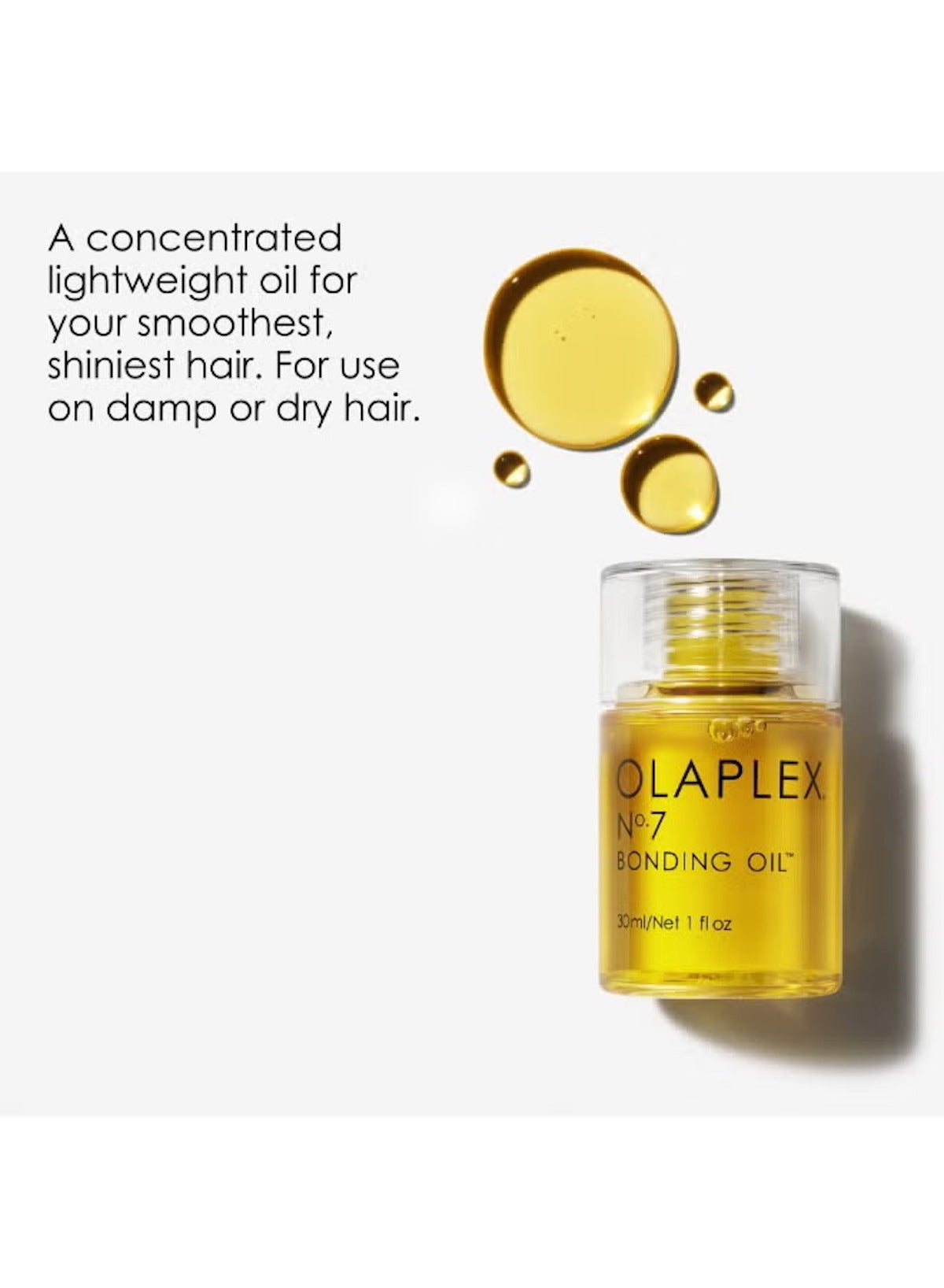 Olaplex No.7 Bonding Oil 30ml in a clear bottle providing concentrated lightweight oil for shiny hair