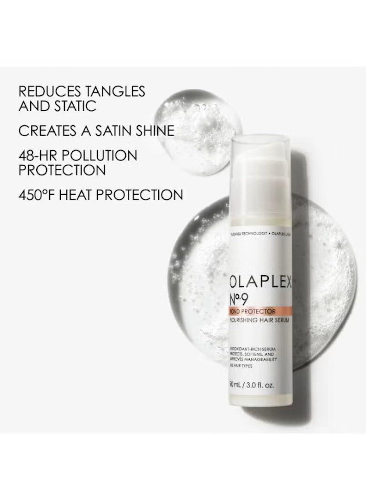 Olaplex No.9 Bond Protector Serum with benefits like tangle reduction and 450F heat protection