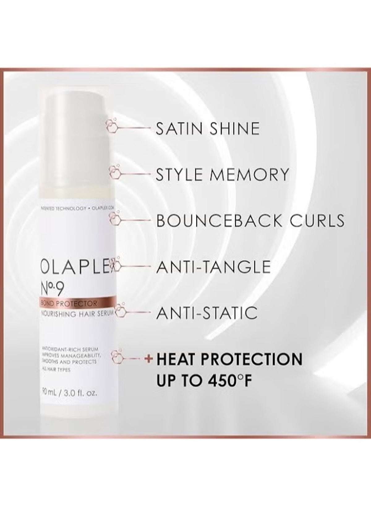 Olaplex No.9 Bond Protector Serum features for shiny, bouncy, and tangle-free hair