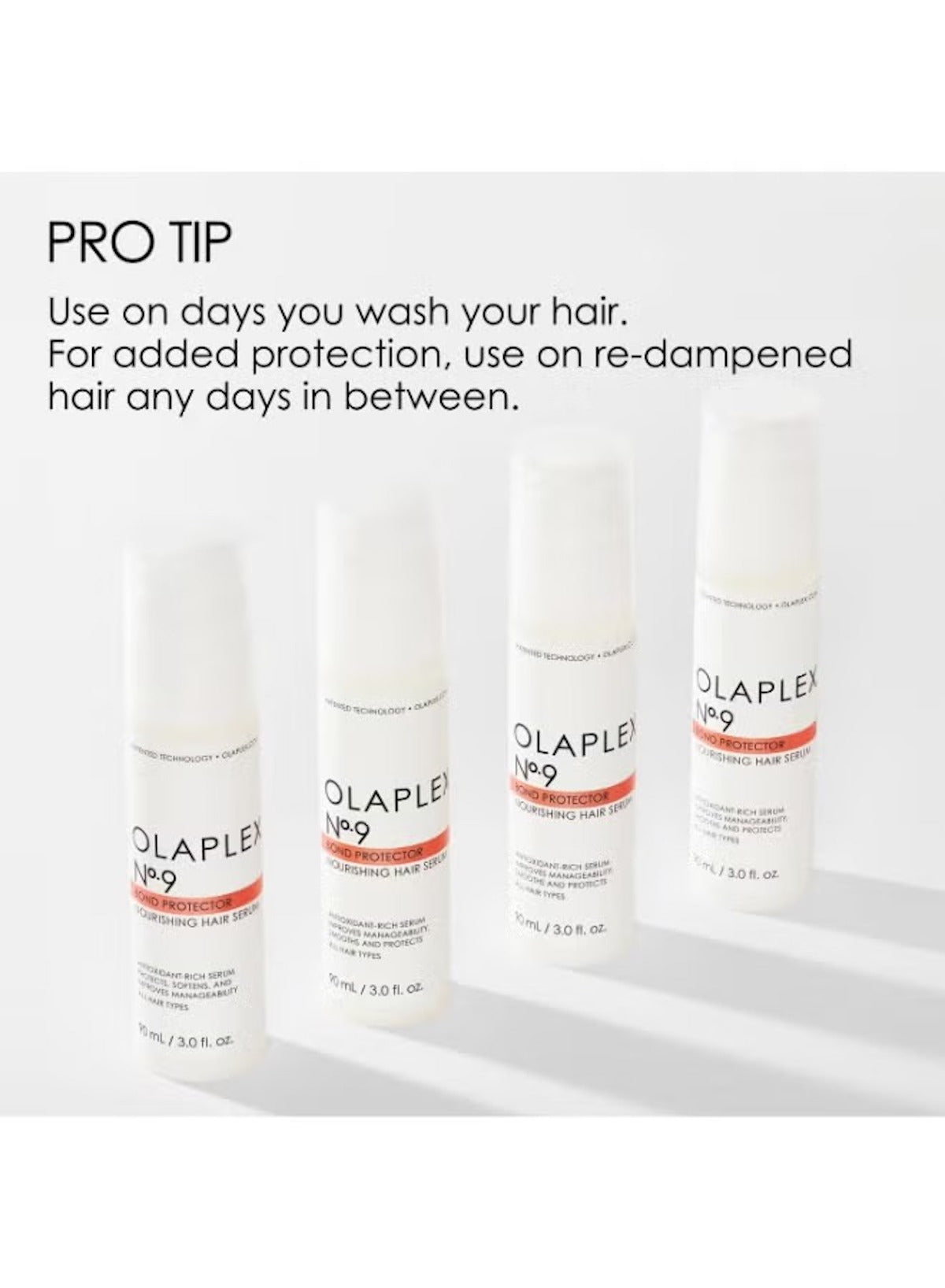 Olaplex No.9 Bond Protector Serum bottles displayed with usage tips for hair protection and hydration