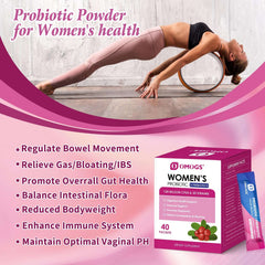 OMOGS women's probiotic with cranberry extract box and sachets shown with yoga pose and benefits list