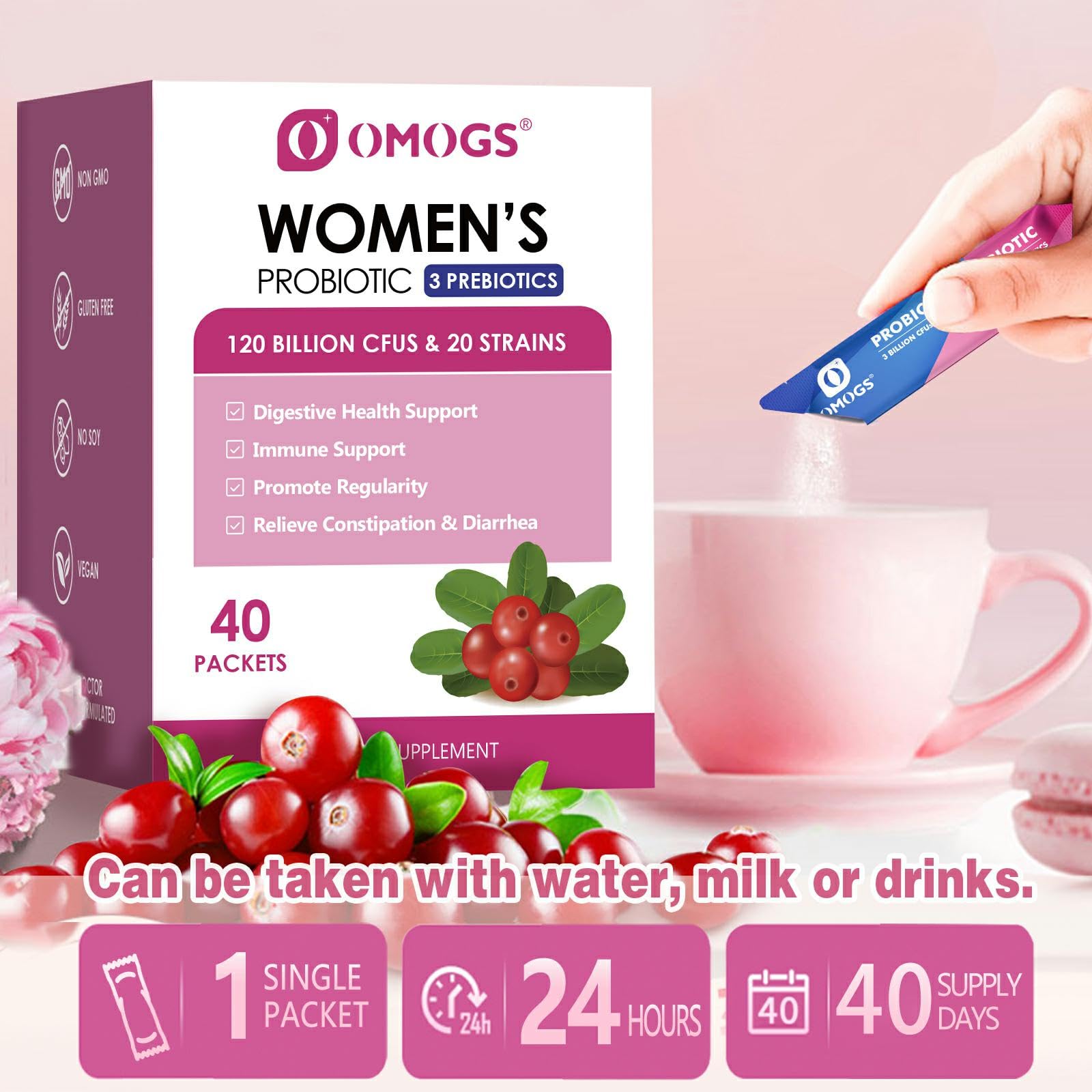 OMOGS women's probiotic with cranberry extract box and single packet poured into a pink mug, 40 packets