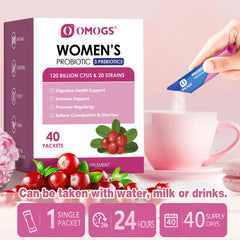 OMOGS women's probiotic with cranberry extract box and single packet poured into a pink mug, 40 packets