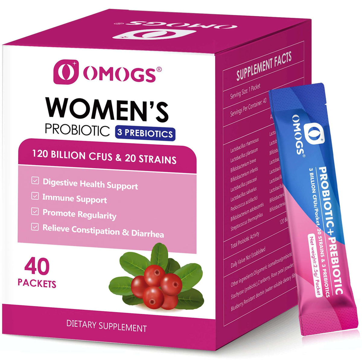 OMOGS women's probiotic with cranberry extract box and single packet showing 120 billion CFUs and berries